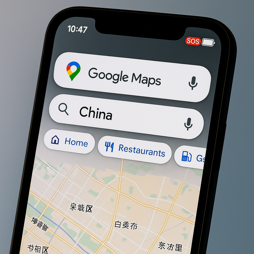 Google Maps app on iPhone searching for China, displaying map interface and navigation icons.
